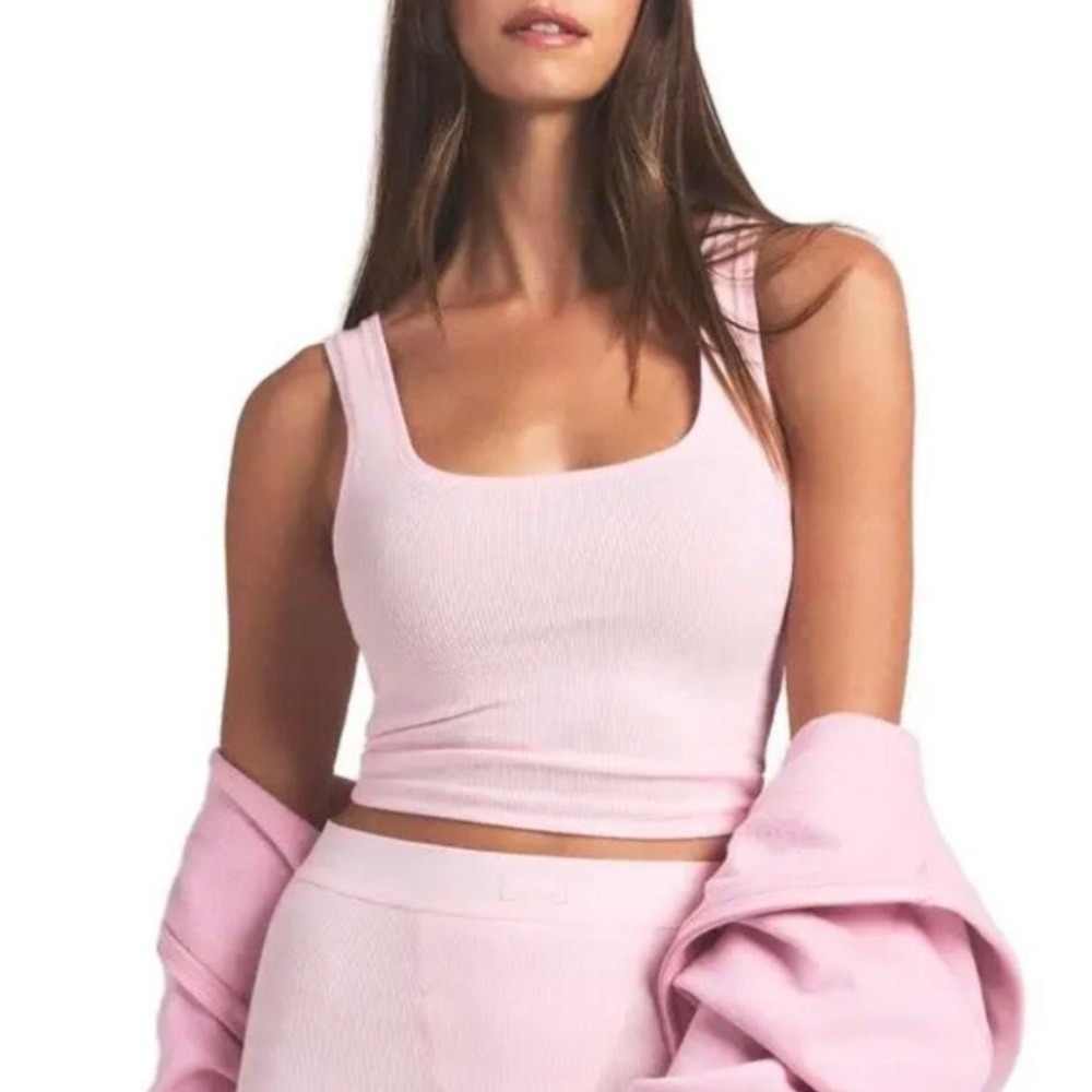 SKIMS Cotton Rib Tank Top Women XL Light Pink Bodycon Scoop Neck Cropped Stretch